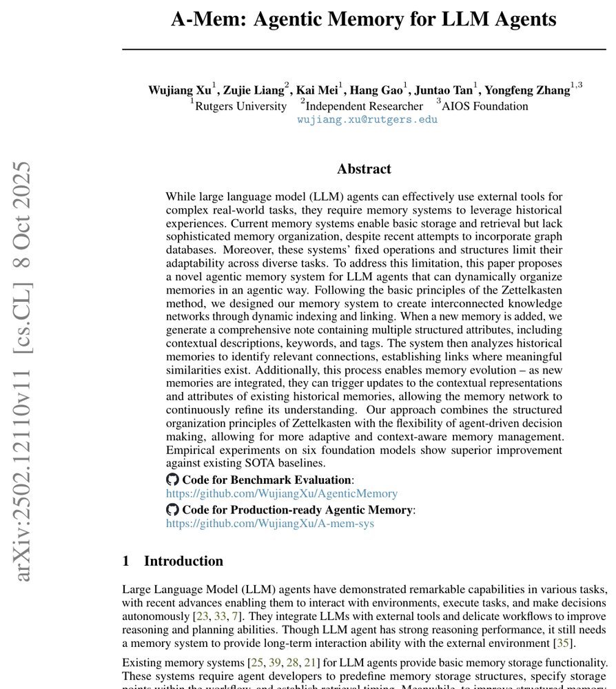 A-MEM: Agentic Memory for LLM Agents