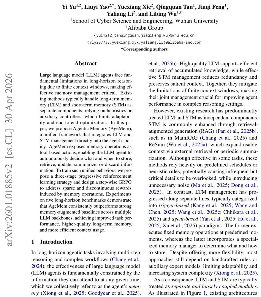 Agentic Memory: Learning Unified Long-Term and Short-Term Memory Management for Large Language Model Agents