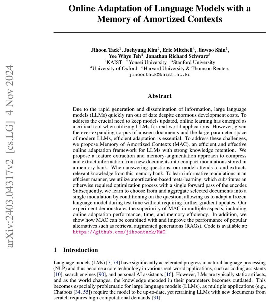 Online Adaptation of Language Models with a Memory of Amortized Contexts