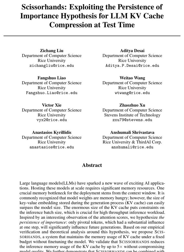 Scissorhands: Exploiting the Persistence of Importance Hypothesis for LLM KV Cache Compression at Test Time