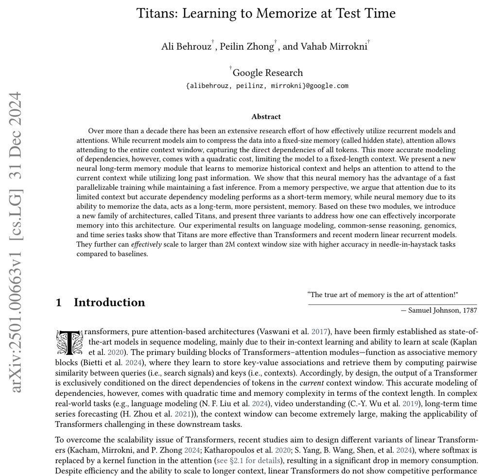 Titans: Learning to Memorize at Test Time