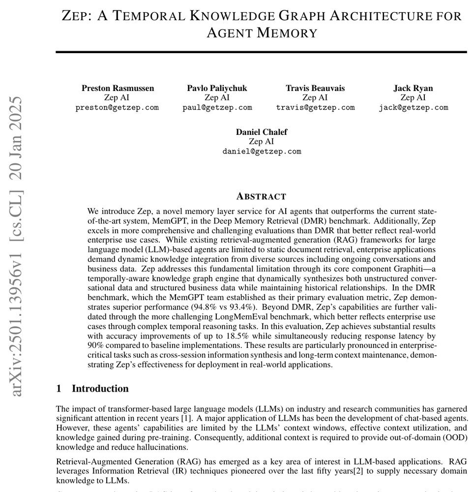 Zep: A Temporal Knowledge Graph Architecture for Agent Memory