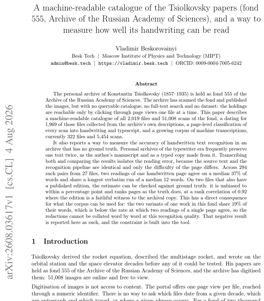 A machine-readable catalogue of the Tsiolkovsky papers (fond 555, Archive of the Russian Academy of Sciences), and a way to measure how well its handwriting can be read Figure 1