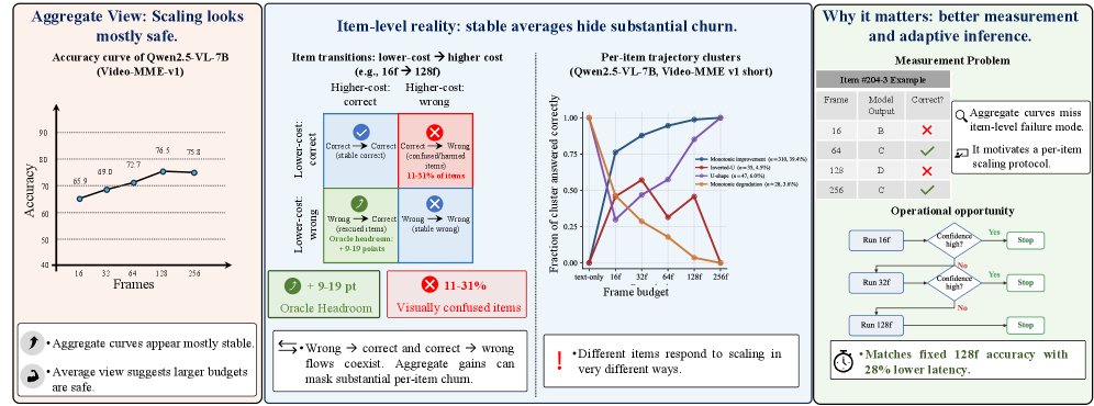 Stable Curves, Unstable Items: Item-Level Scaling Heterogeneity in Video LLMs Figure 1