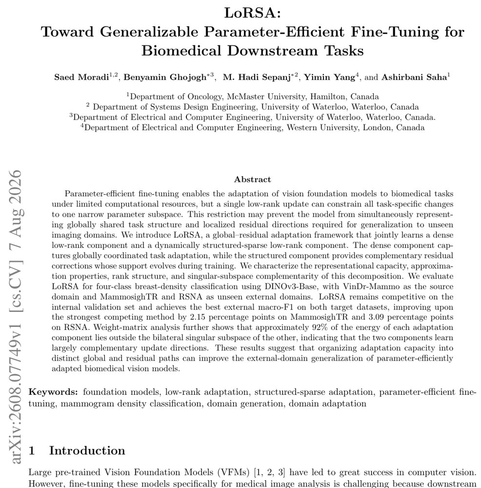 LoRSA: Toward Generalizable Parameter-Efficient Fine-Tuning for Biomedical Downstream Tasks Figure 1