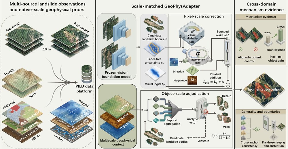 GeoPhysAdapter: Scale-Matched Geophysical Adaptation for Cross-Domain Landslide Mapping with Vision Foundation Models Figure 1