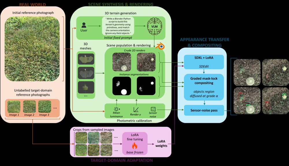 Diffuse the object, keep its label: curating detector training data from a few unlabeled photographs via VLM-built 3D vegetation scenes Figure 1