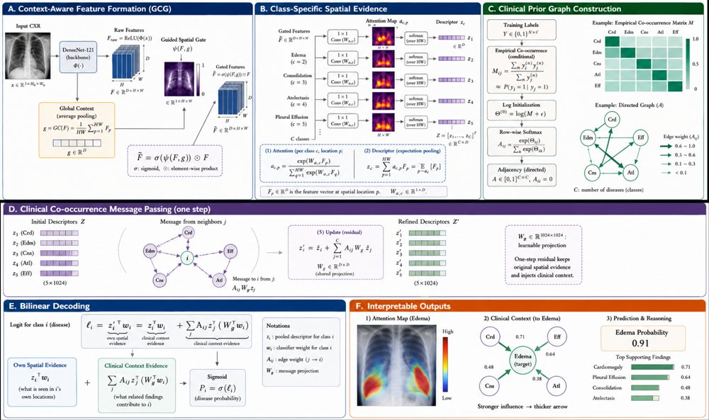 C$^2$A: Coupling Spatial Evidence with Clinical Priors via Co-occurrence Aware Class Attention for Multi-Label Chest X-Ray Classification Figure 1