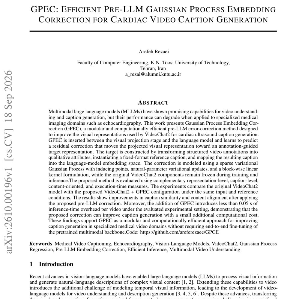 GPEC: Efficient Pre-LLM Gaussian Process Embedding Correction for Cardiac Video Caption Generation Figure 1