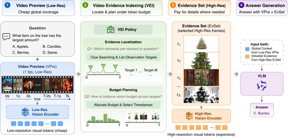 Video Evidence Indexing: Learning Where to Look from Video Previews for Token-Budgeted Long-Video Question Answering Figure 1
