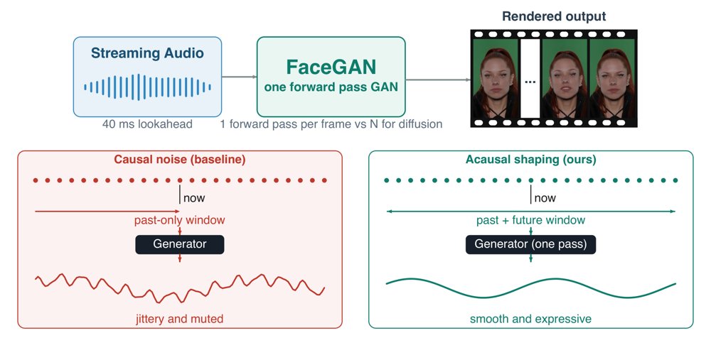 No Distillation Needed: Single-Pass Real-Time Talking Heads via Acausal Noise Shaping Figure 1