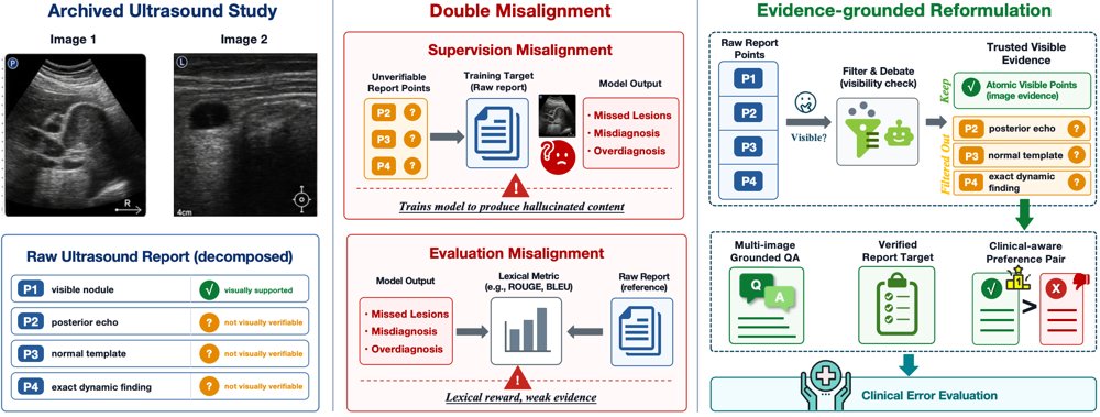 Beyond Report Imitation: Clinically Aware Multi-Image Ultrasound Report Generation from Visible Evidence Figure 1