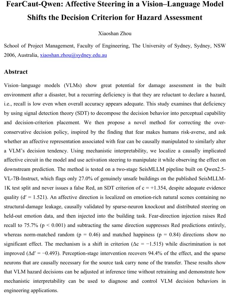FearCaut-Qwen: Affective Steering in a Vision-Language Model Shifts the Decision Criterion for Hazard Assessment Figure 1