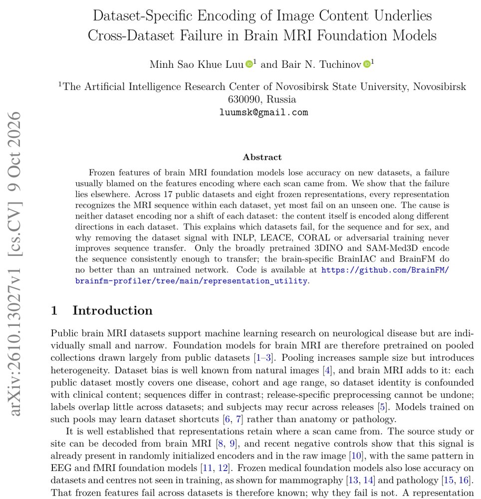 Dataset-Specific Encoding of Image Content Underlies Cross-Dataset Failure in Brain MRI Foundation Models Figure 1