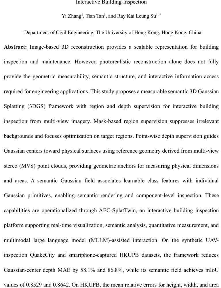 Measurable Semantic 3D Gaussian Splatting with Joint Region and Depth Supervision for Interactive Building Inspection Figure 1