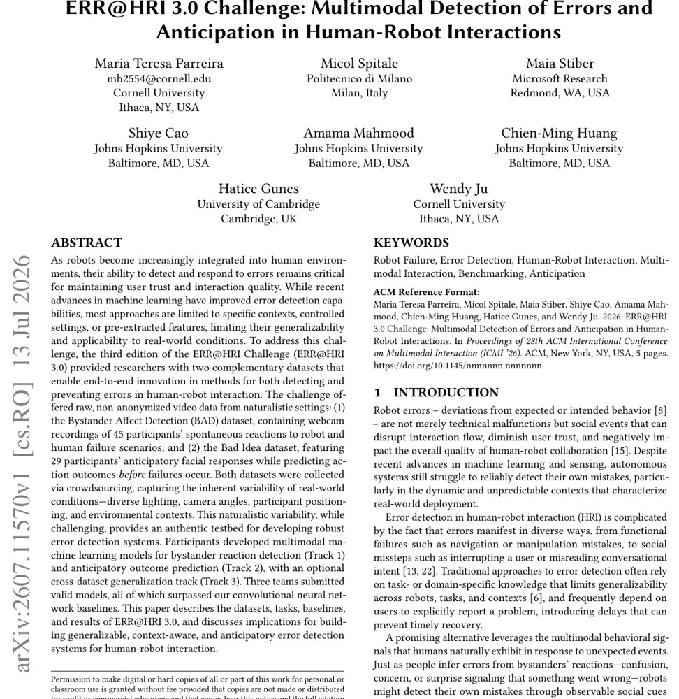 ERR@HRI 3.0 Challenge: Multimodal Detection of Errors and Anticipation in Human-Robot Interactions Figure 1
