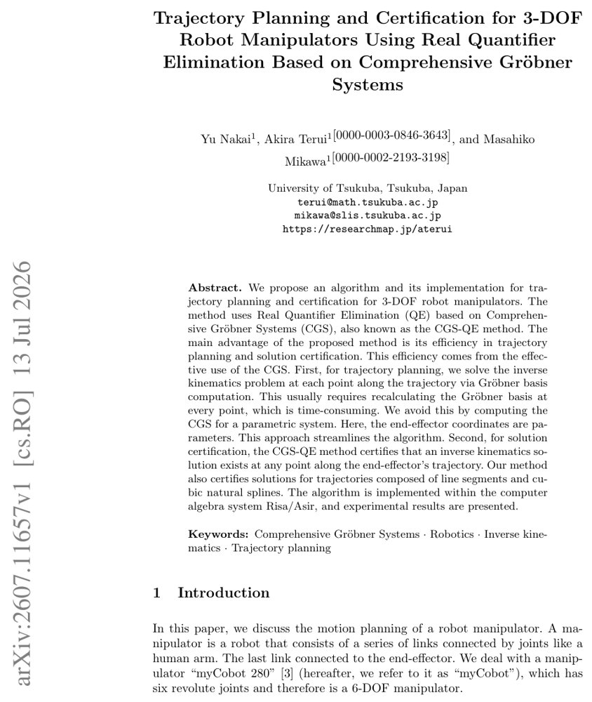 Trajectory Planning and Certification for 3-DOF Robot Manipulators Using Real Quantifier Elimination Based on Comprehensive Gröbner Systems Figure 1