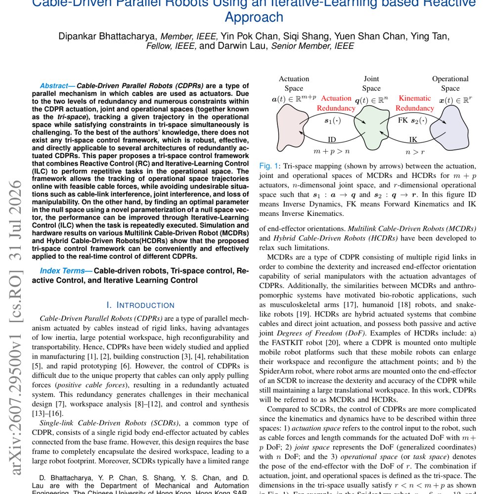 Tri-Space Operational Control of Redundant Multilink and Hybrid Cable-Driven Parallel Robots Using an Iterative-Learning based Reactive Approach Figure 1