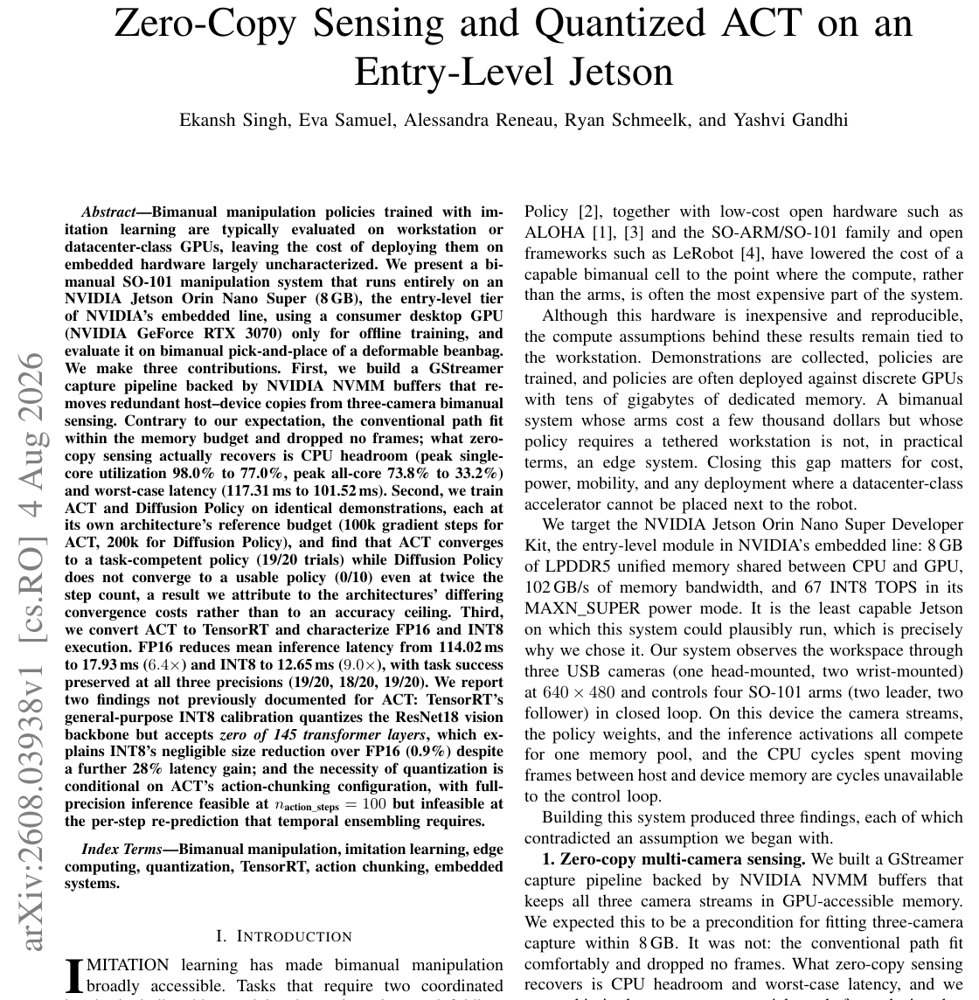 Bimanual Manipulation Within an 8 GB Budget: Zero-Copy Sensing and Quantized ACT on an Entry-Level Jetson Figure 1
