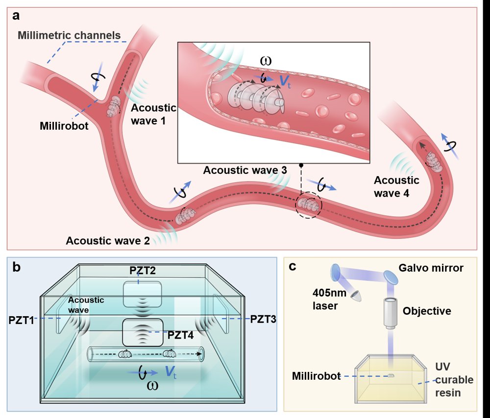 Acoustic-driven millimetric helical robot: ultrasonic synergistic manipulation in confined fluidic environment Figure 1