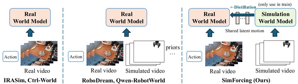 SimForcing: Distilling Simulation Motion Priors into Real-Domain Robot World Models Figure 1