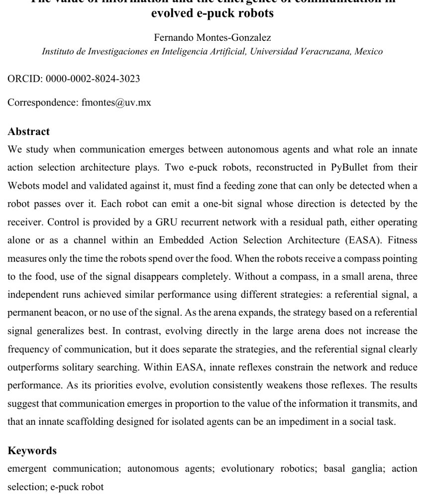The value of information and the emergence of communication in evolved e-puck robots Figure 1