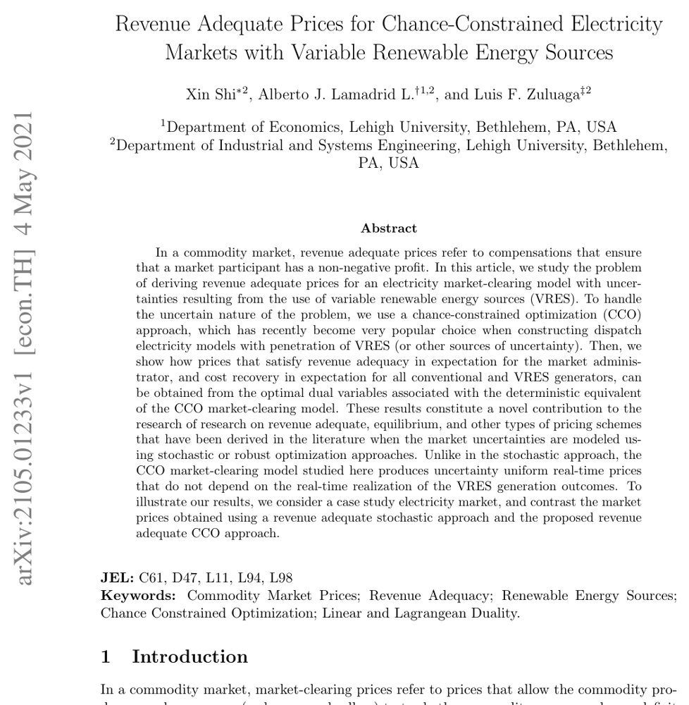 Revenue Adequate Prices for Chance-Constrained Electricity Markets with Variable Renewable Energy Sources Figure 1