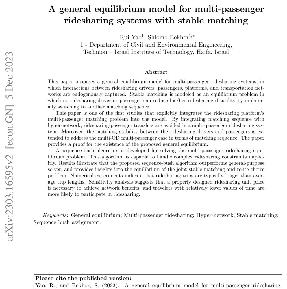 A general equilibrium model for multi-passenger ridesharing systems with stable matching Figure 1