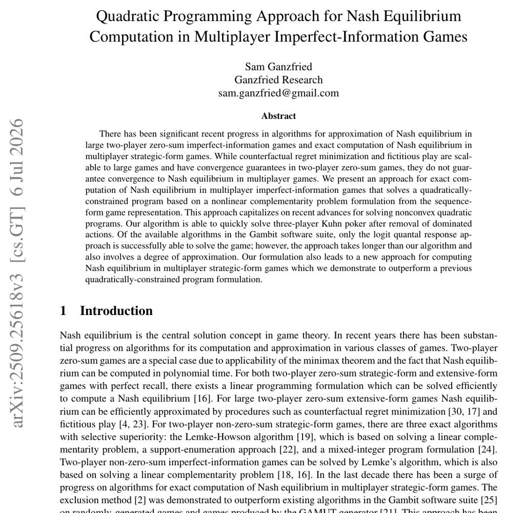 Quadratic Programming Approach for Nash Equilibrium Computation in Multiplayer Imperfect-Information Games Figure 1