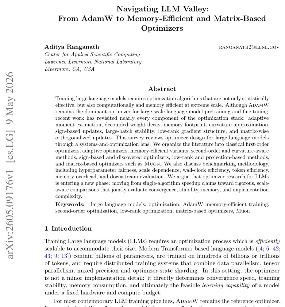 Navigating LLM Valley: From AdamW to Memory-Efficient and Matrix-Based Optimizers Figure 1
