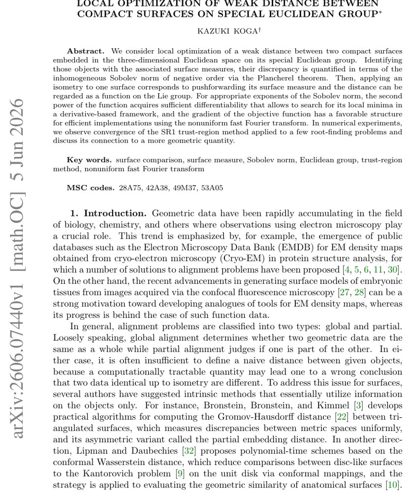 Local optimization of weak distance between compact surfaces on special Euclidean group Figure 1