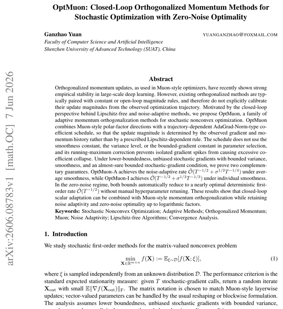 OptMuon: Closed-Loop Orthogonalized Momentum Methods for Stochastic Optimization with Zero-Noise Optimality Figure 1
