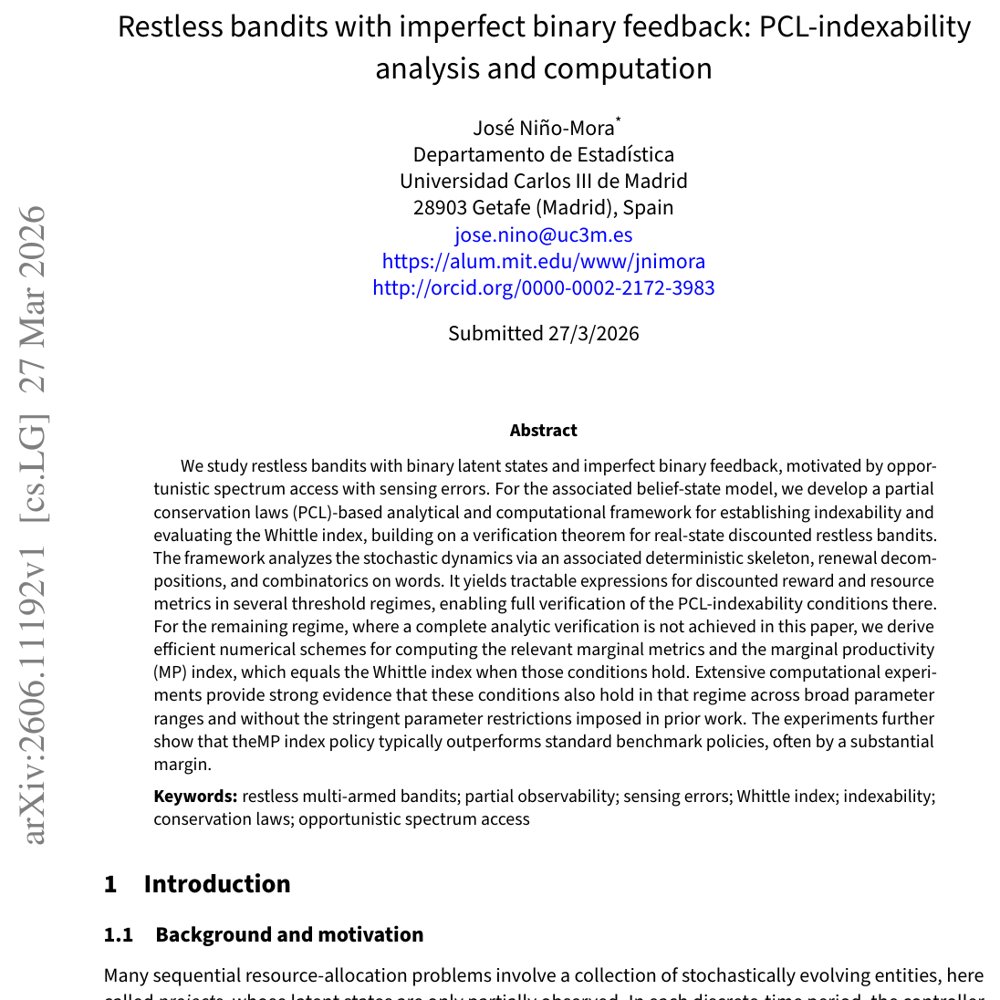 Restless bandits with imperfect binary feedback: PCL-indexability analysis and computation Figure 1