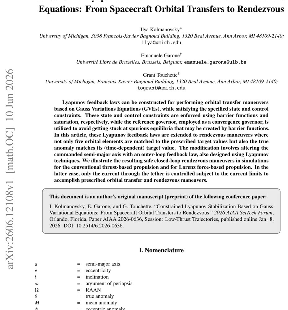 Constrained Lyapunov Stabilization based on Gauss Variational Equations: From Spacecraft Orbital Transfers to Rendezvous Figure 1