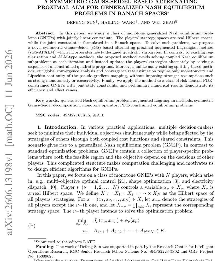 A symmetric Gauss-Seidel based alternating proximal ALM for generalized Nash Equilibrium problems in Banach spaces Figure 1