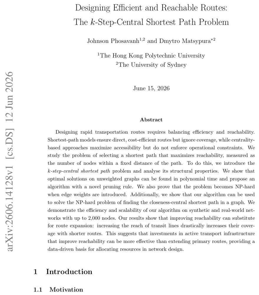 Designing Efficient and Reachable Routes: The $k$-Step-Central Shortest Path Problem Figure 1