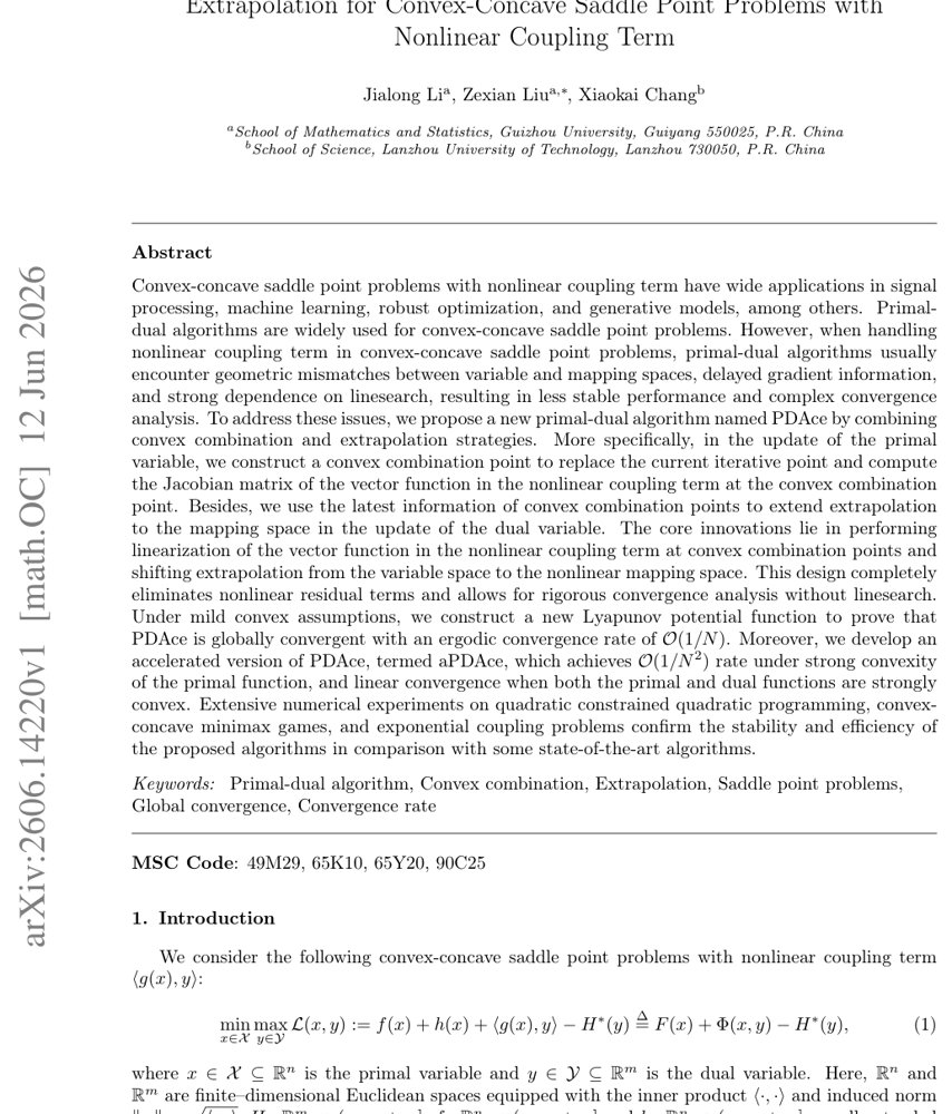 A New Primal-Dual Algorithm with Convex Combination and Extrapolation for Convex-Concave Saddle Point Problems with Nonlinear Coupling Term Figure 1