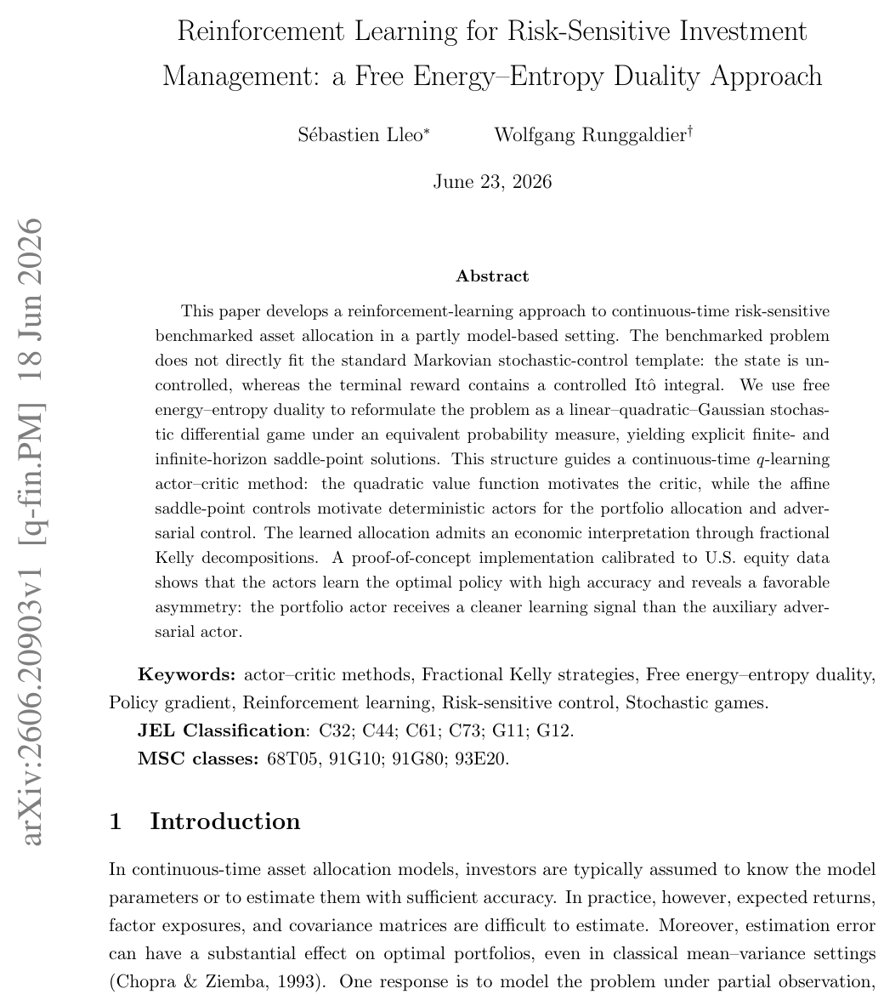 Reinforcement Learning for Risk-Sensitive Investment Management: a Free Energy--Entropy Duality Approach Figure 1