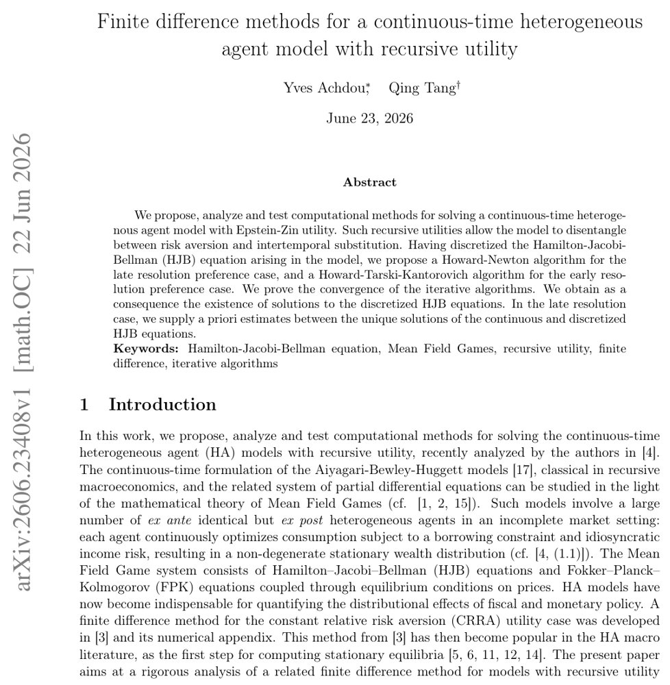Finite difference methods for a continuous-time heterogeneous agent model with recursive utility Figure 1