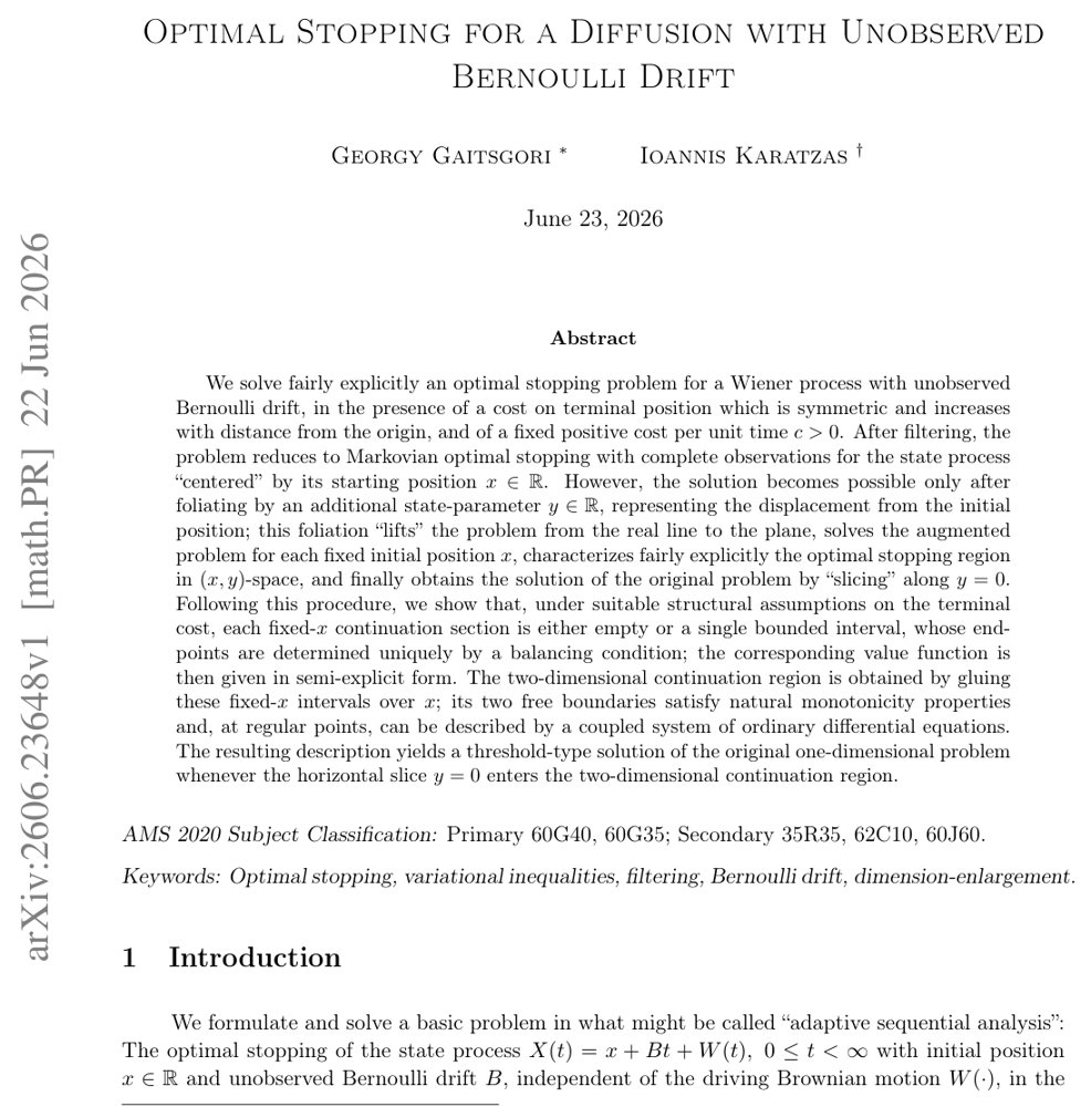 Optimal Stopping for a Diffusion with Unobserved Bernoulli Drift Figure 1