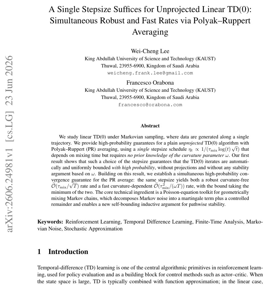 A Single Stepsize Suffices for Unprojected Linear TD(0): Simultaneous Robust and Fast Rates via Polyak--Ruppert Averaging Figure 1