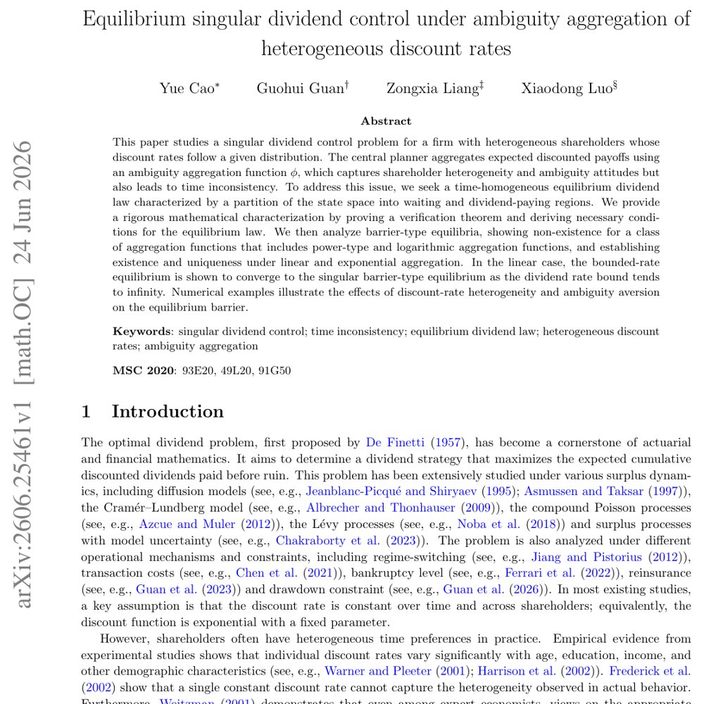 Equilibrium singular dividend control under ambiguity aggregation of heterogeneous discount rates Figure 1