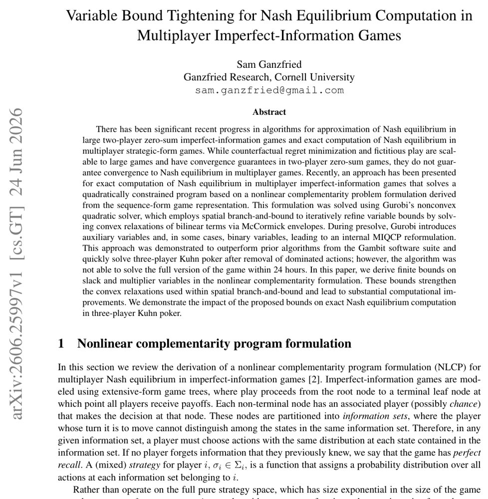 Variable Bound Tightening for Nash Equilibrium Computation in Multiplayer Imperfect-Information Games Figure 1