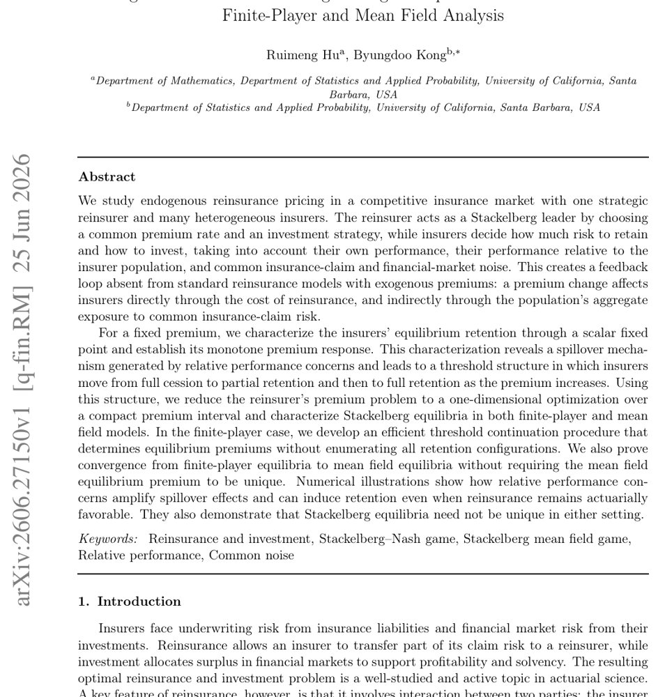 Endogenous Reinsurance Pricing in Large Competitive Insurance Markets: Finite-Player and Mean Field Analysis Figure 1