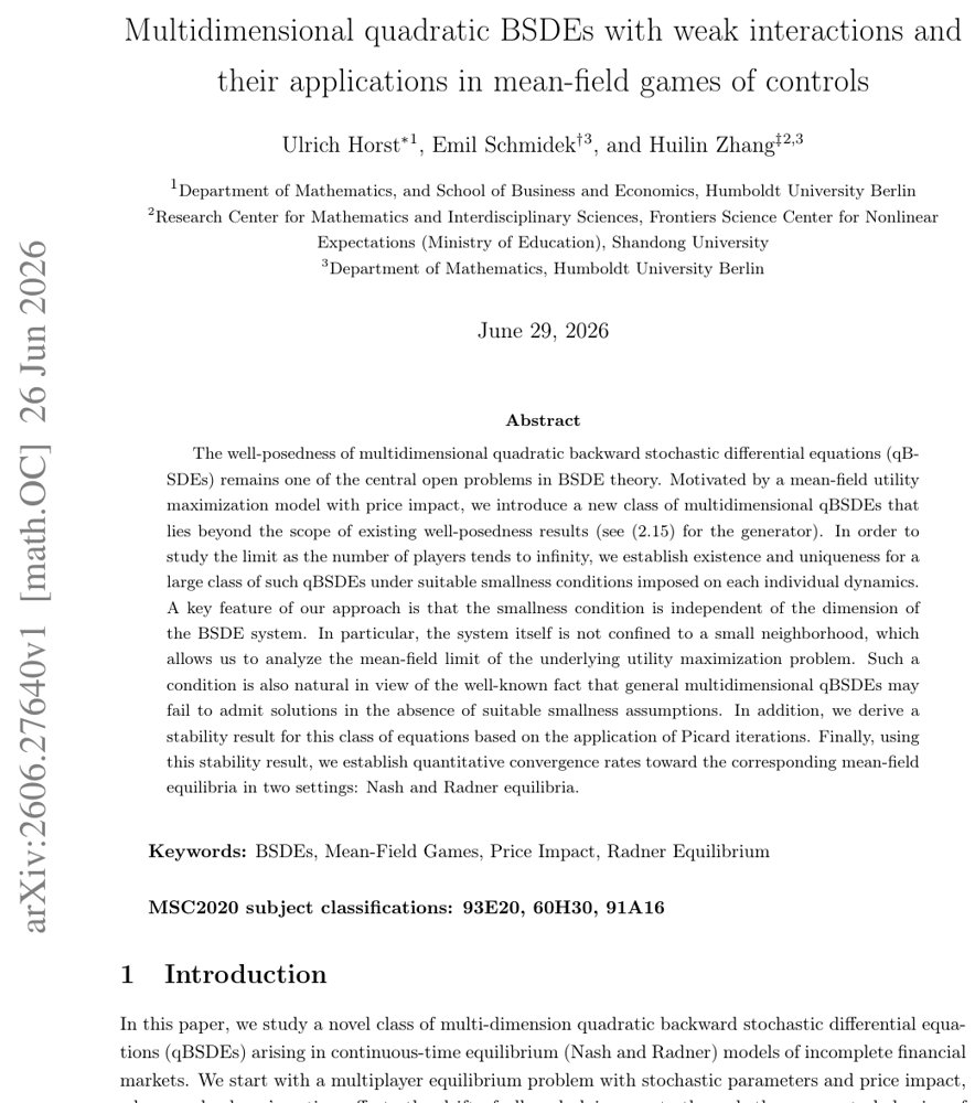 Multidimensional quadratic BSDEs with weak interactions and their applications in mean-field games of controls Figure 1