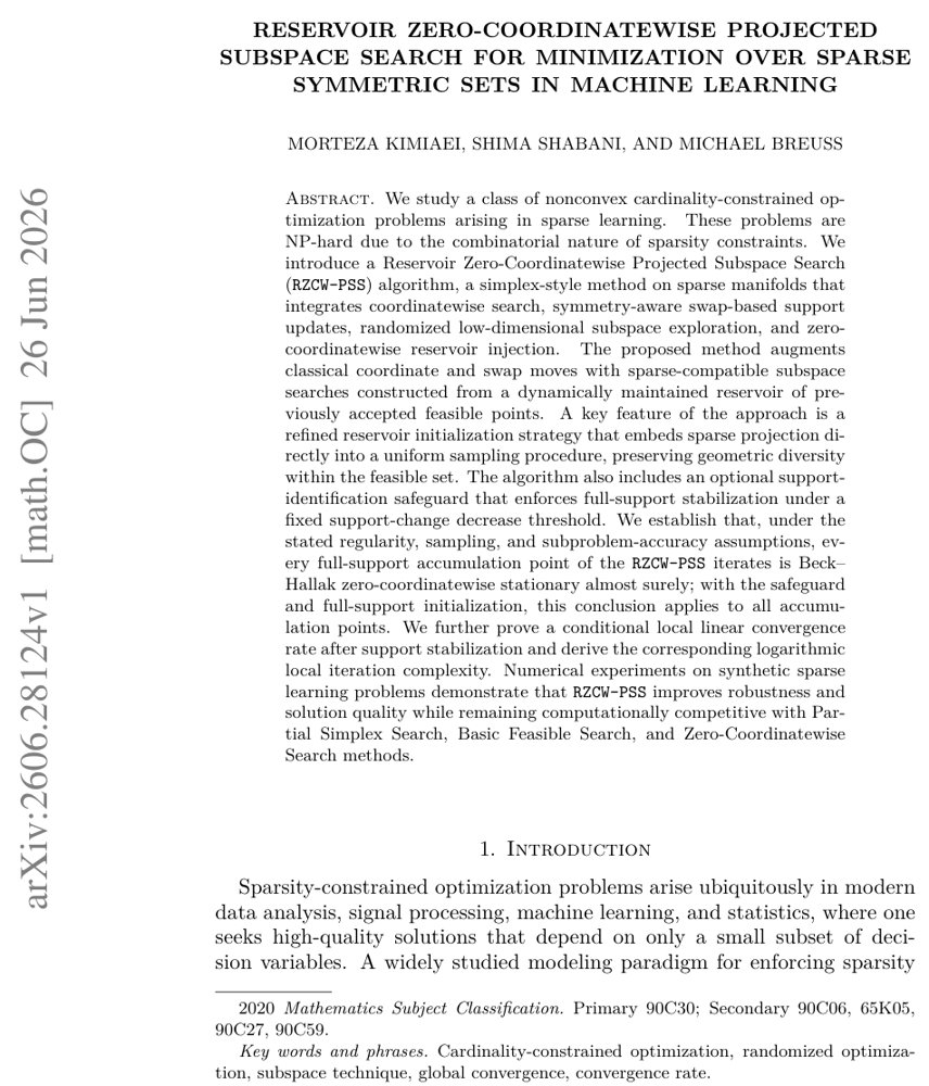 Reservoir Zero-Coordinatewise Projected Subspace Search for Minimization Over Sparse Symmetric Sets in Machine Learning Figure 1