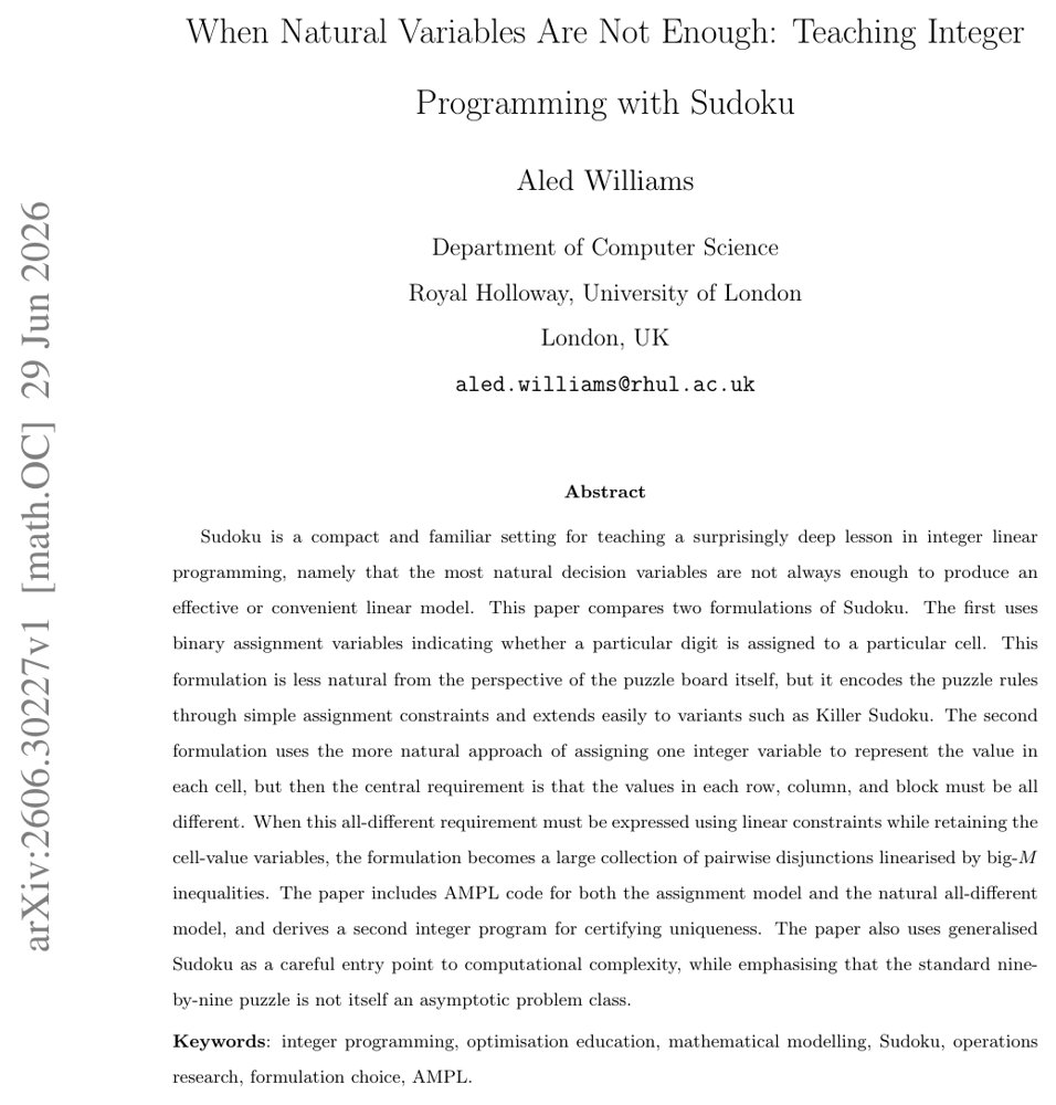When Natural Variables Are Not Enough: Teaching Integer Programming with Sudoku Figure 1