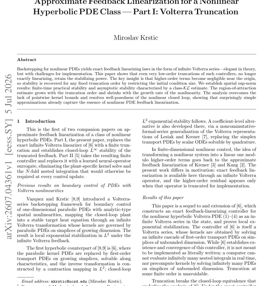 Approximate Feedback Linearization for a Nonlinear Hyperbolic PDE Class -- Part I: Volterra Truncation Figure 1