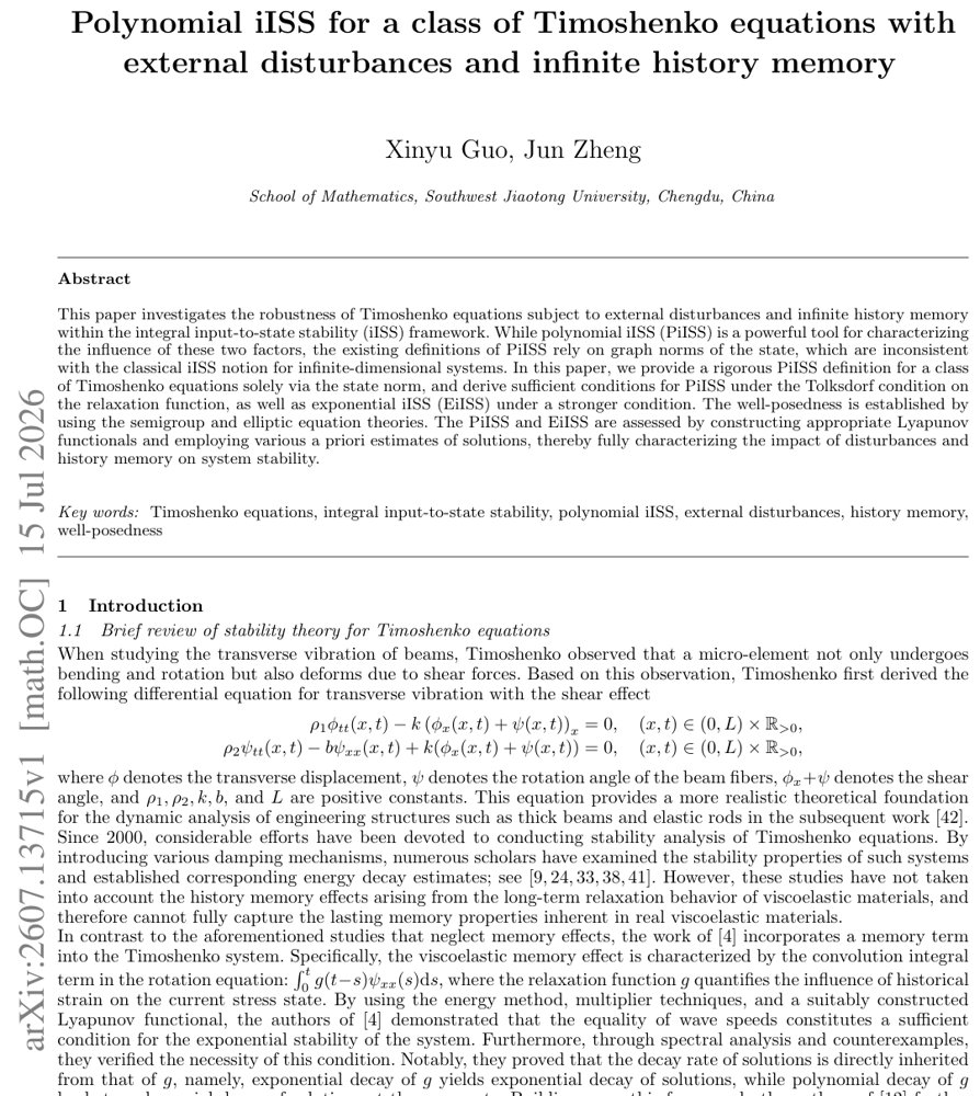 Polynomial iISS for a class of Timoshenko equations with external disturbances and infinite history memory Figure 1