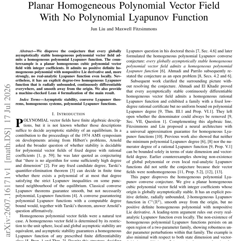 A Globally Asymptotically Stable Planar Homogeneous Polynomial Vector Field With No Polynomial Lyapunov Function Figure 1